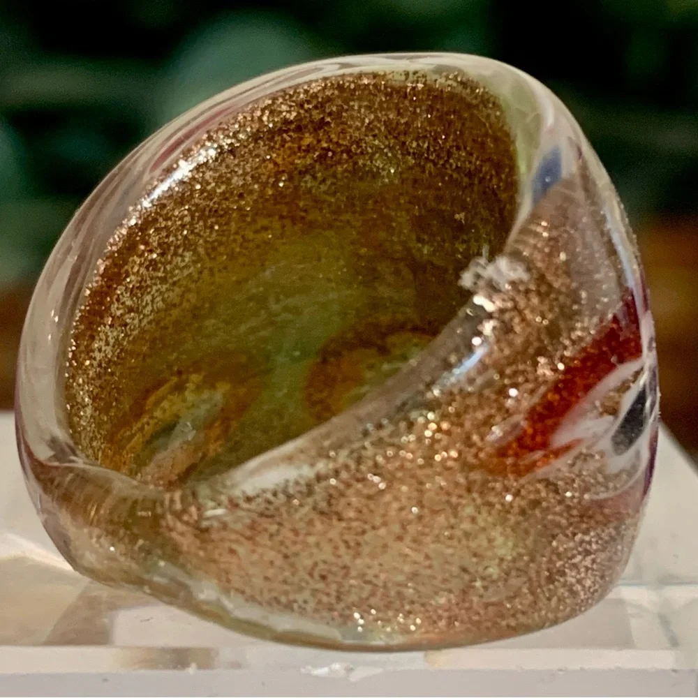 Vintage Murano Style Solid Glass Hand Blown Red Gold Millefiori Dome Ring Size 7
